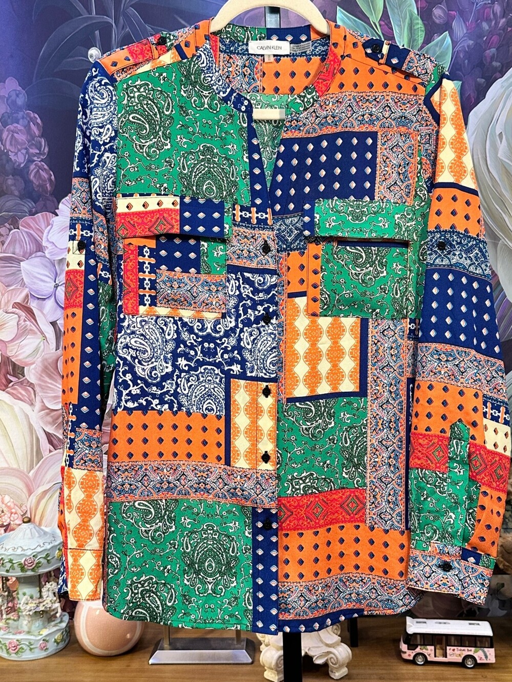 Calvin Klein M Blouse Boho Eclectic Patchwork Paisley Button-Front Pockets